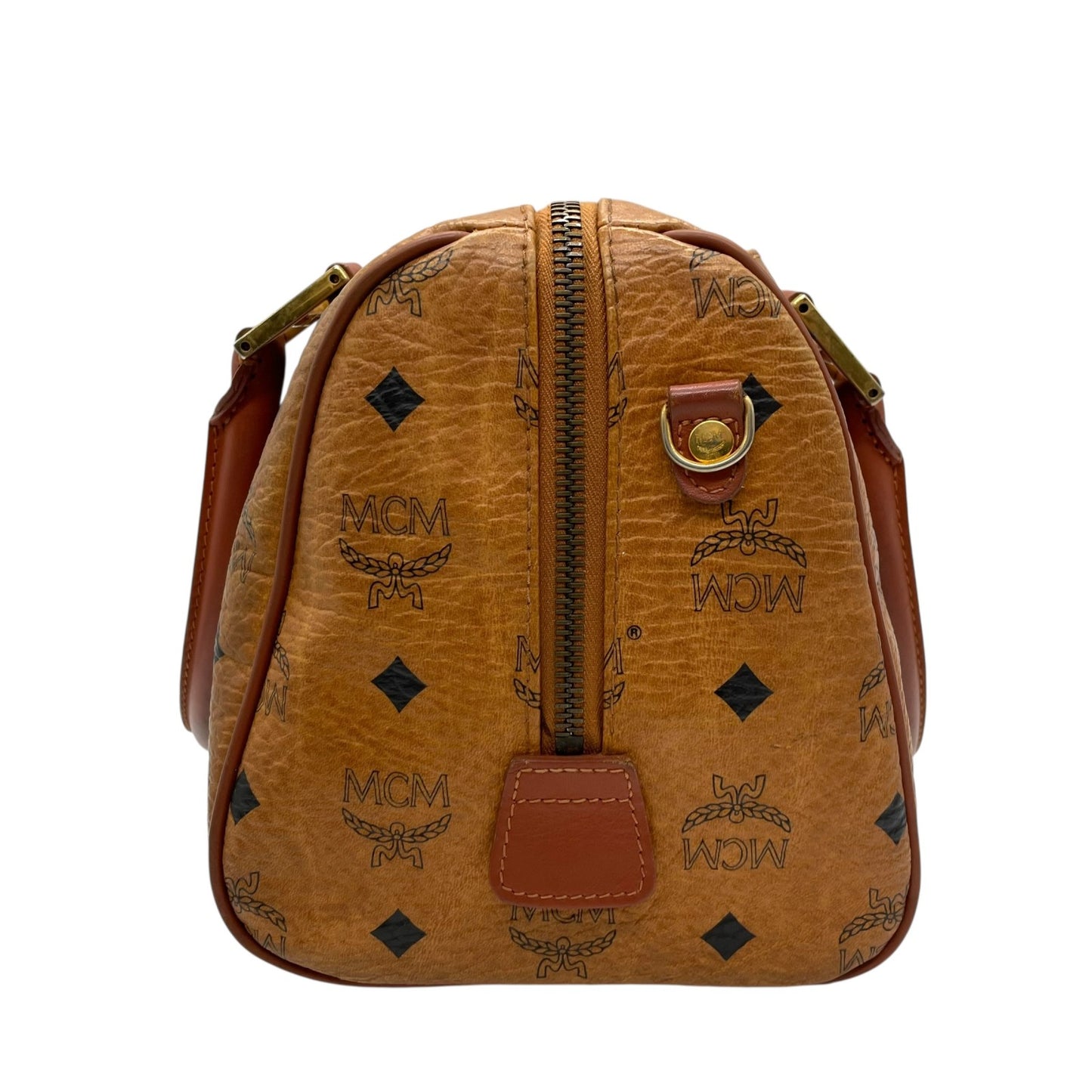 エムシーエム MCM ヴィセトス 2WAY ハンドバッグ ミニボストンバッグ ショルダーバッグ 茶 ブラウン コニャック レザー ゴールド金具 斜め掛け可 レディース D