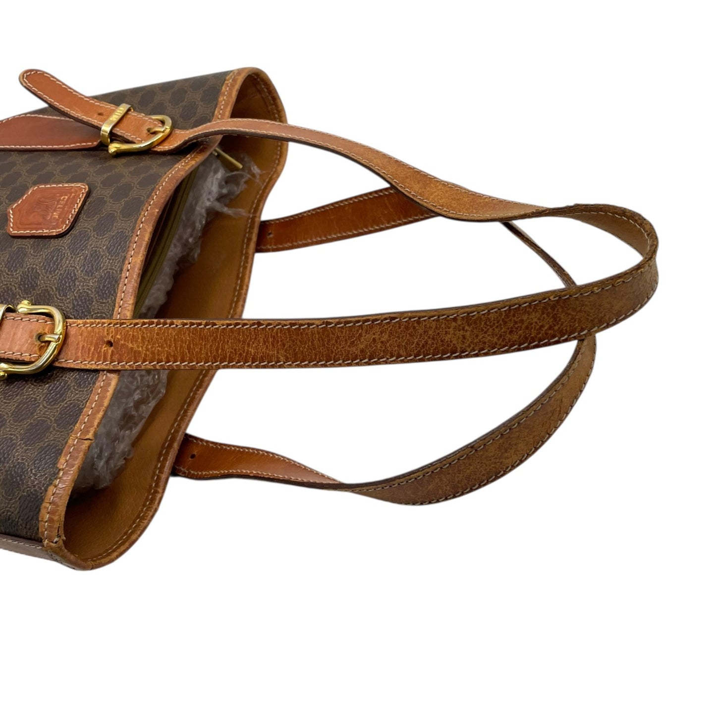 CELINE セリーヌ ヴィンテージ マカダム トートバッグ PVC レザー ブラウン トリオンフ 金具 90s イタリア製 ショルダー可 オールドセリーヌ K9