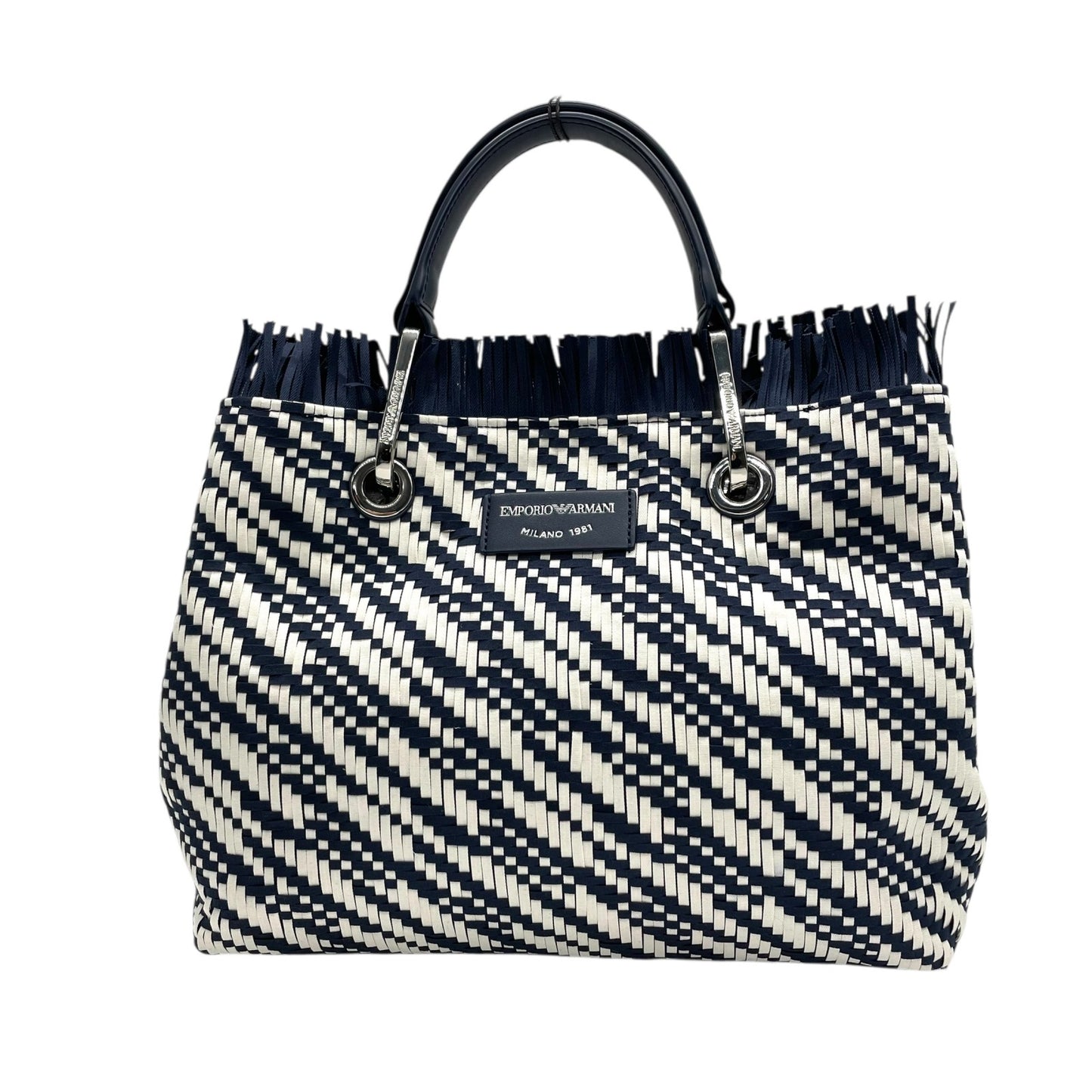 【未使用級】EMPORIO ARMANI エンポリオアルマーニ 2way ハンドバッグ ショルダーバッグ 編み込み キャンバス フリンジ ネイビー ホワイト D