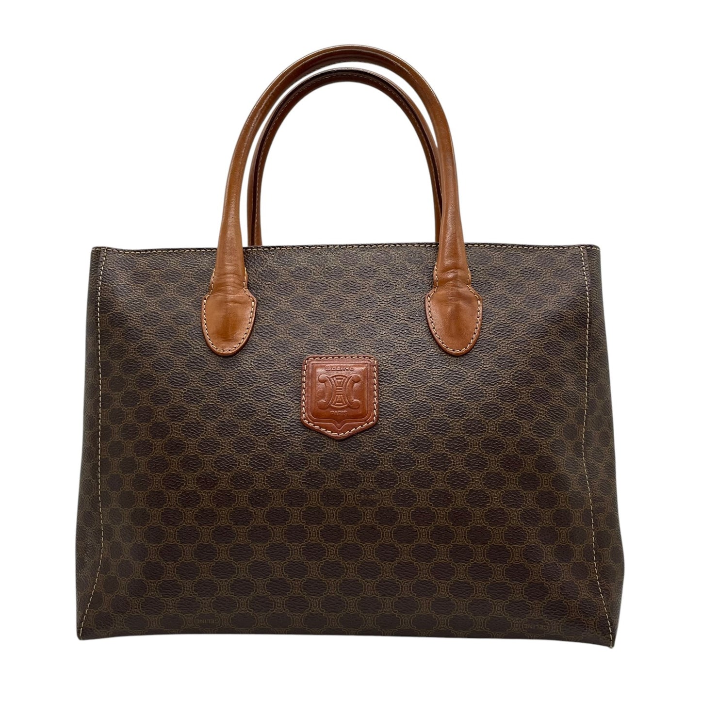 美品 CELINE セリーヌ ヴィンテージ ハンドバッグ マカダム柄 トートバッグ ブラウン レザー PVC MC97 Z1