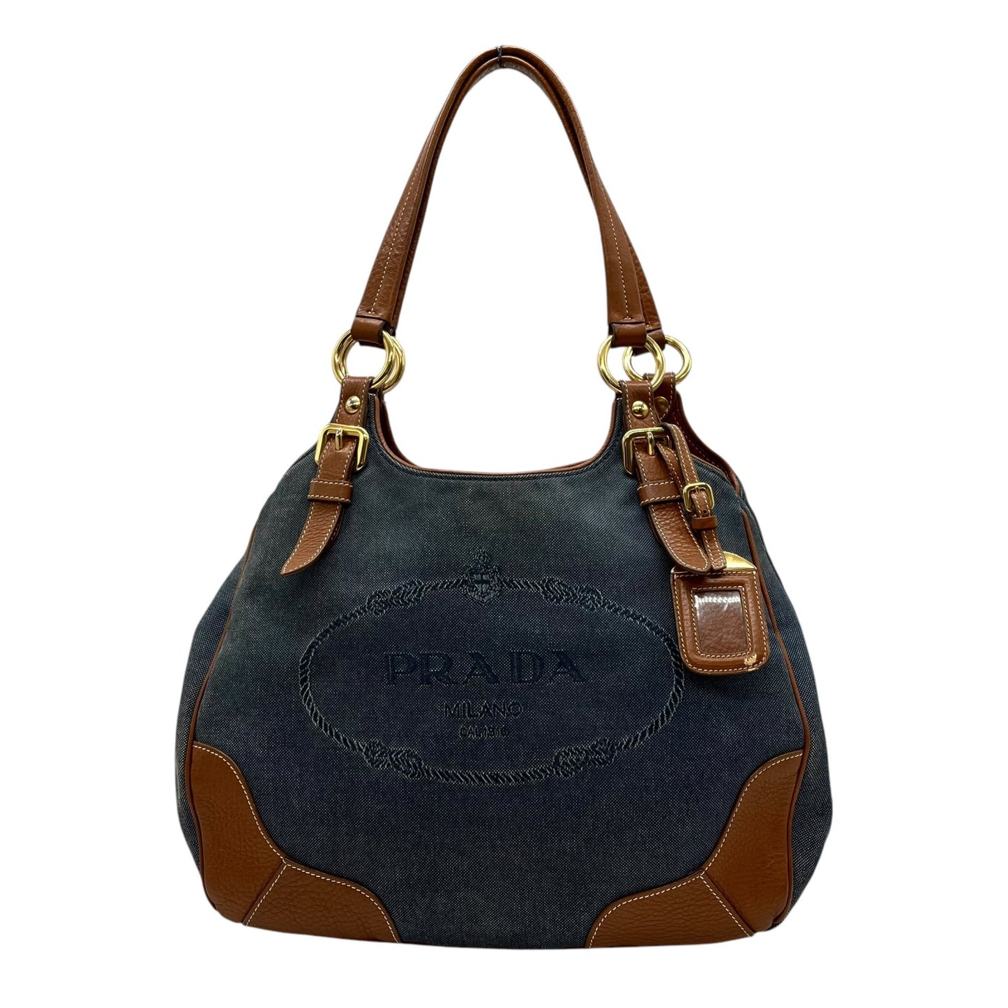 美品 PRADA プラダ ロゴ ジャガード トートバッグ ショルダー デニム レザー ブルー ブラウン ゴールド金具 D5