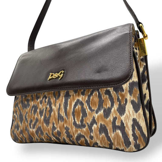 Authentic DOLCE&GABBANA Leopard Print Shoulder Bag Leather Canvas Brown Gold Hardware D&G Logo Flap Women's