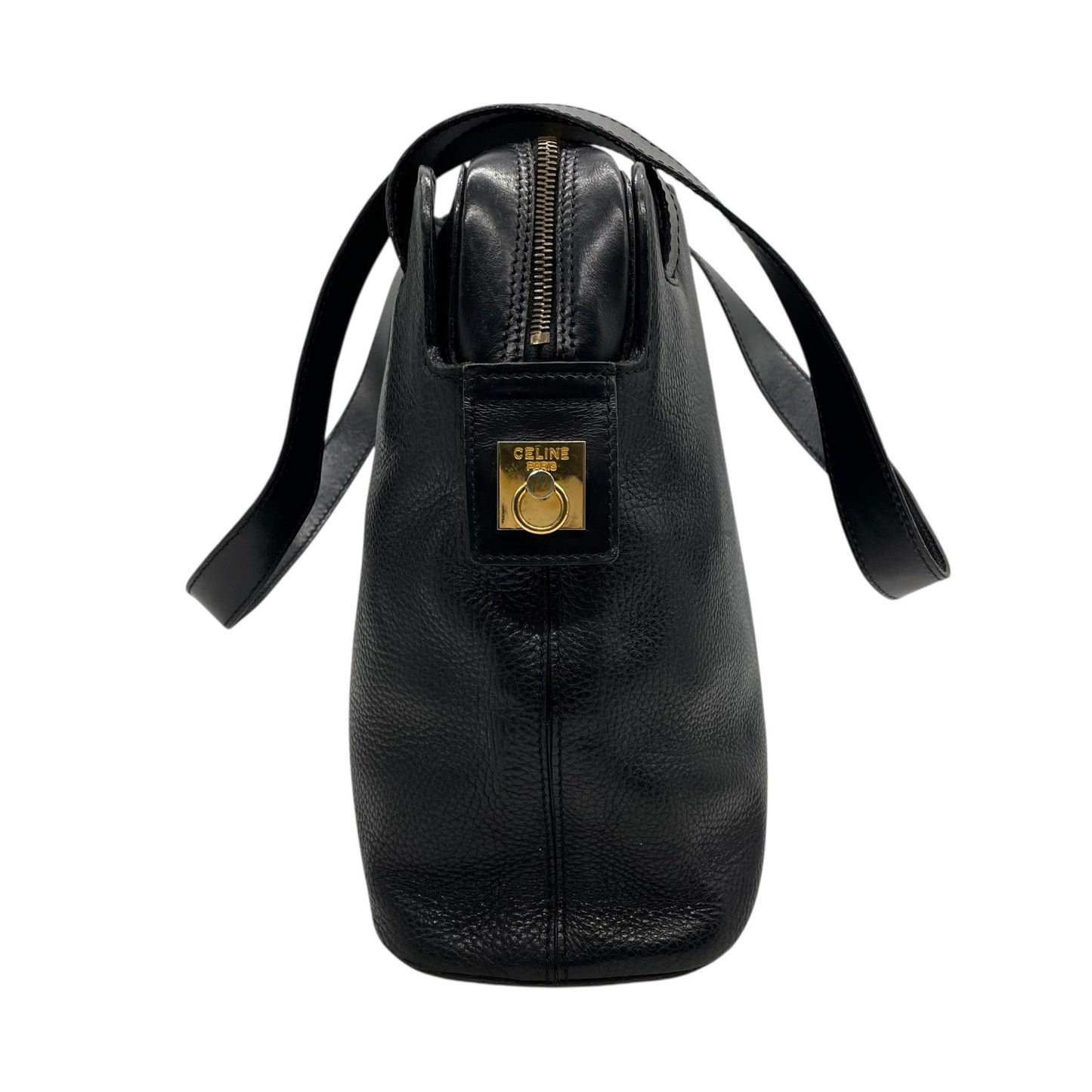 Authentic CELINE Vintage Grained Leather Shoulder Bag Black Gold Hardware Women's Zipper Closure