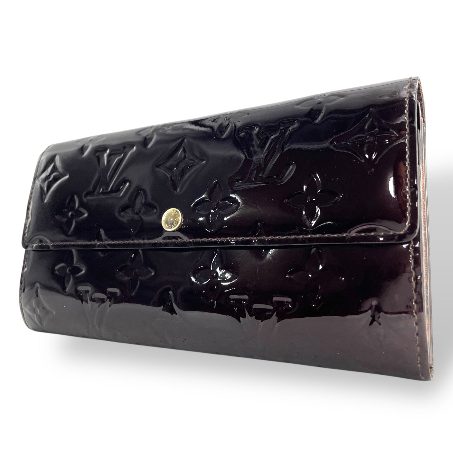 Authentic Louis Vuitton Porte-Feuille Sarah Monogram Vernis M93524 Long Wallet Amarante Patent Leather Gold Hardware Women's