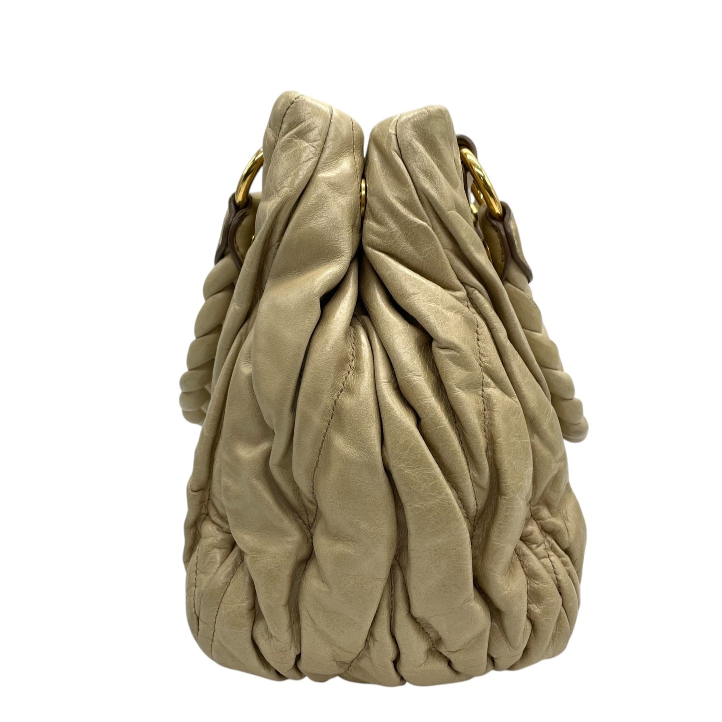 Authentic miumiu Matelassé 2WAY Handbag Shoulder Bag Leather Khaki Beige Gold Hardware Women's Crossbody