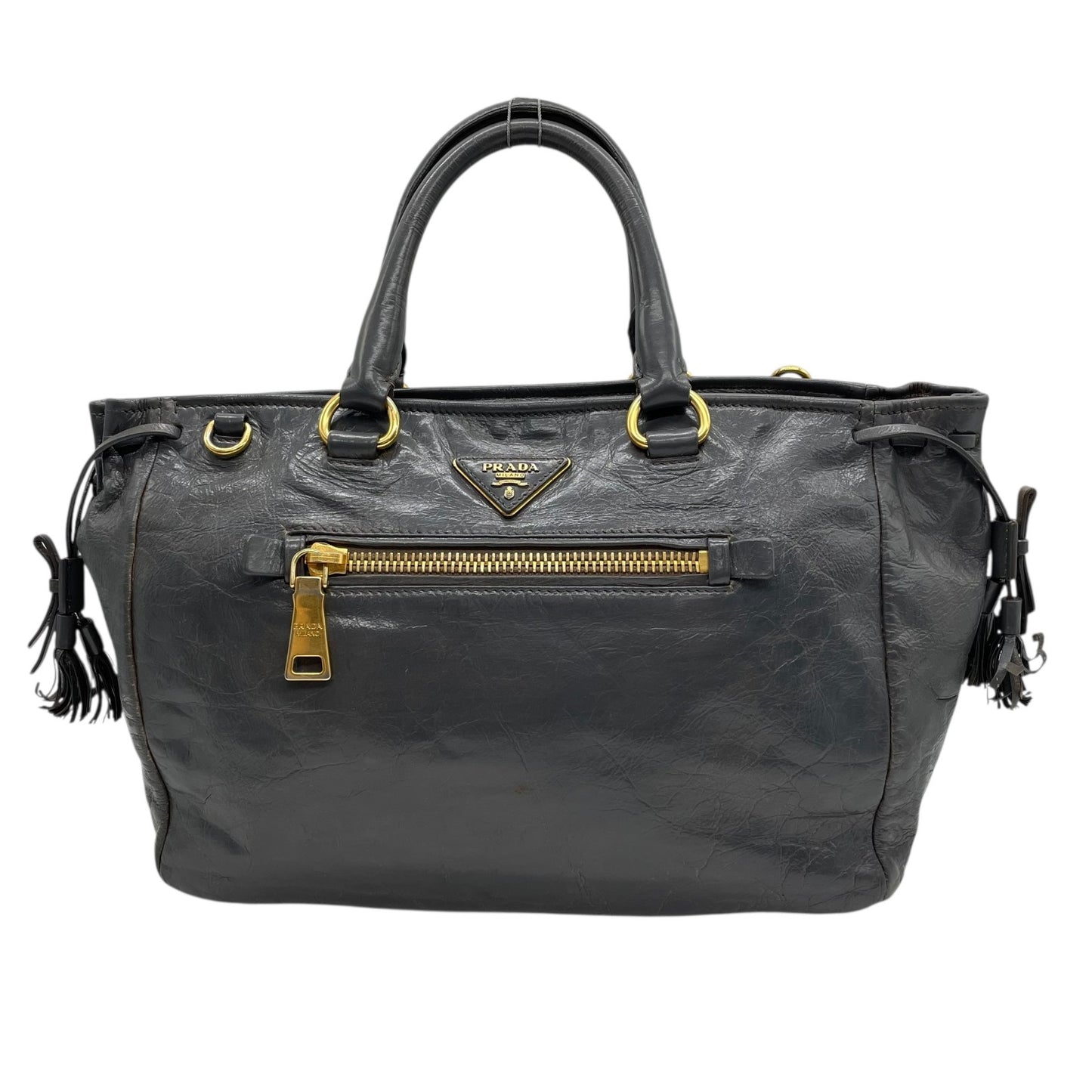 Authentic PRADA 2WAY Handbag Shoulder Bag Leather Gold Hardware Triangular Logo Dark Gray Women's Crossbody