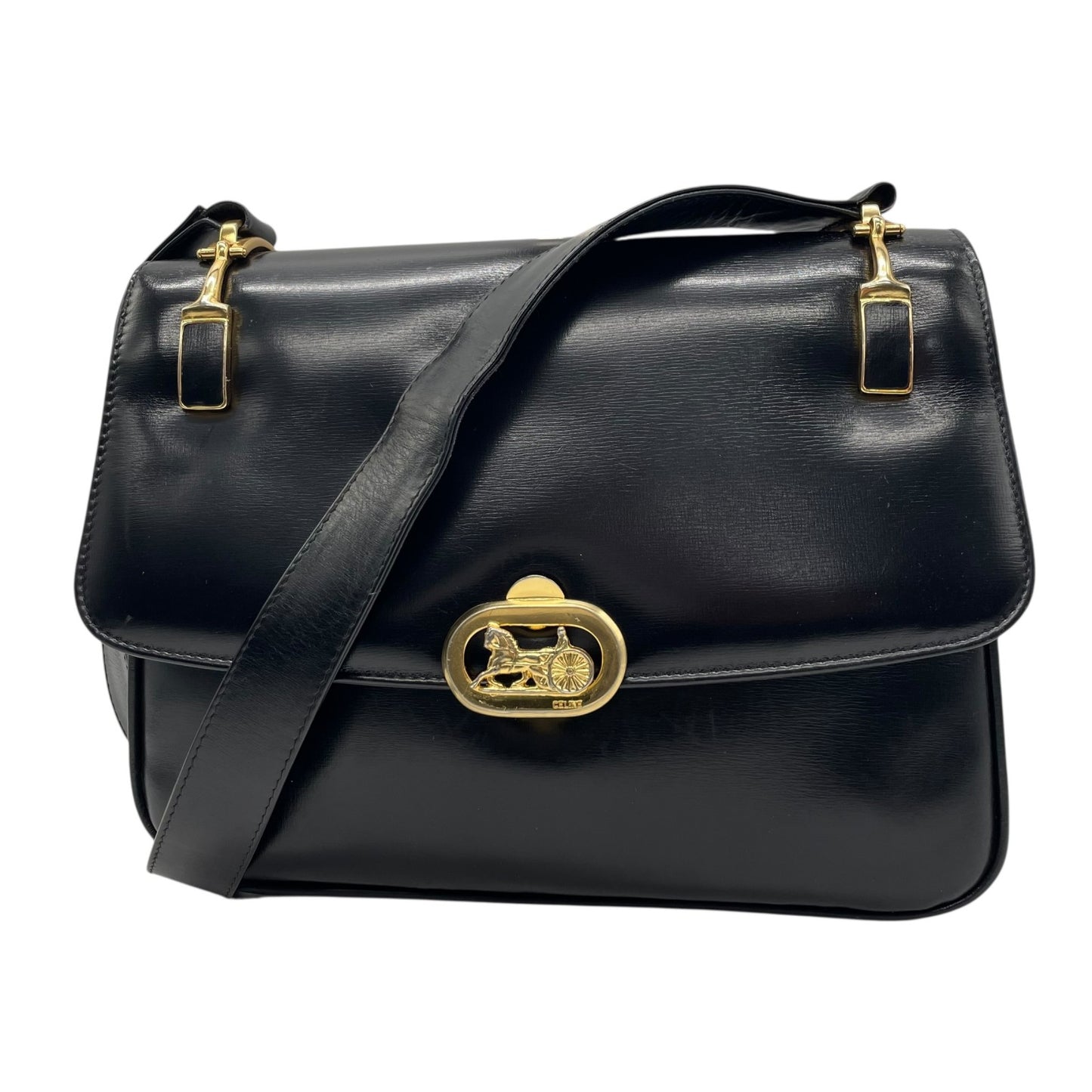 美品 CELINE セリーヌ ショルダーバッグ 黒 ブラック レザー 馬車金具 ゴールド金具 ホースキャリッジ サルキー ヴィンテージ レディース オールドセリーヌ 斜め掛け可 フラップ開閉 C1