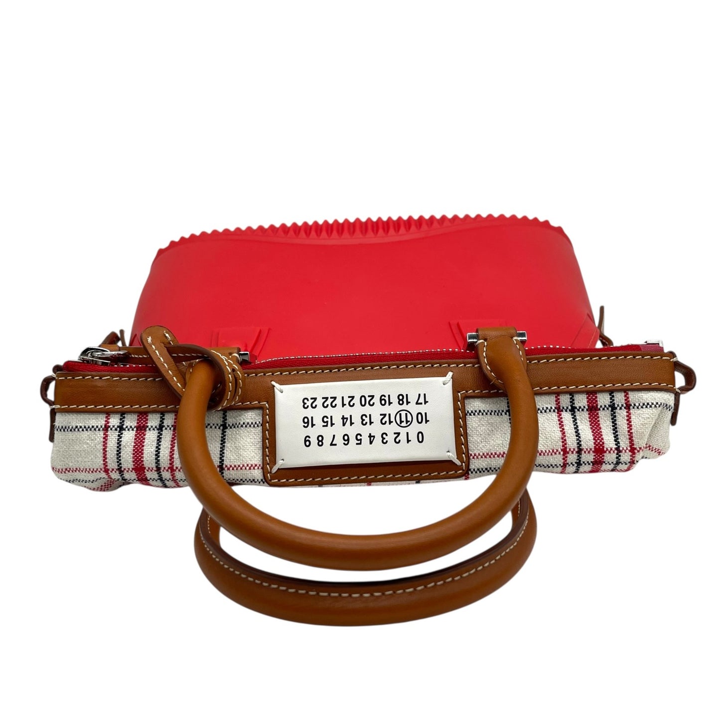 Excellent Authentic Maison Margiela 5AC 2WAY Handbag Mini Bag Red Leather Canvas Checkered SB3WG0009 Crossbody Padlock