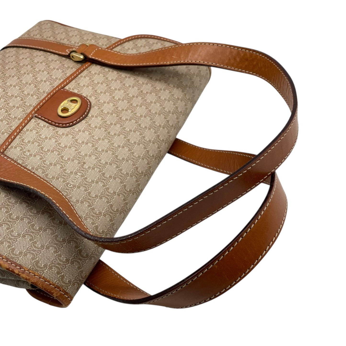 Authentic CELINE Macadam Handbag PVC Leather Vintage Beige Brown M06 Old Celine Gold Hardware Ladies