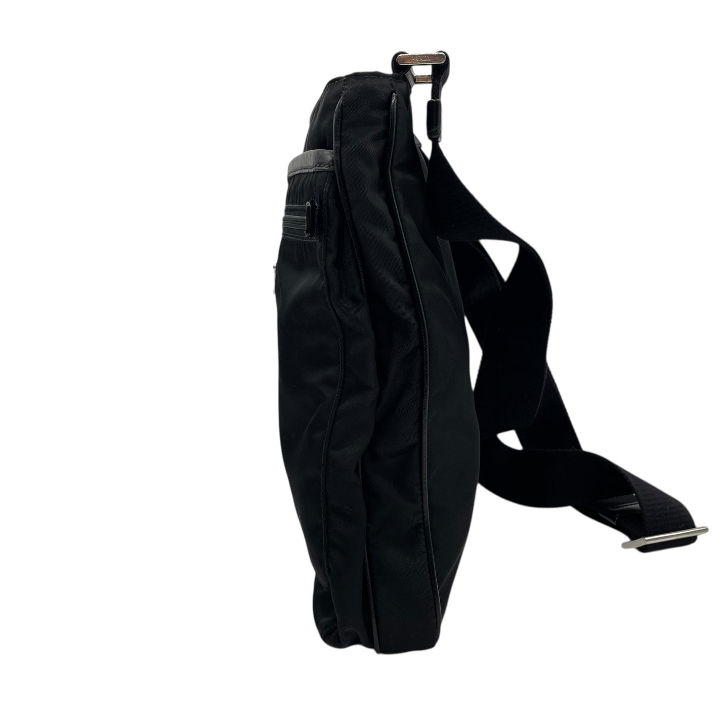 Authentic PRADA Black Shoulder Bag Triangular Logo Plate Nylon Leather Silver Hardware Adjustable Strap Men's Women's