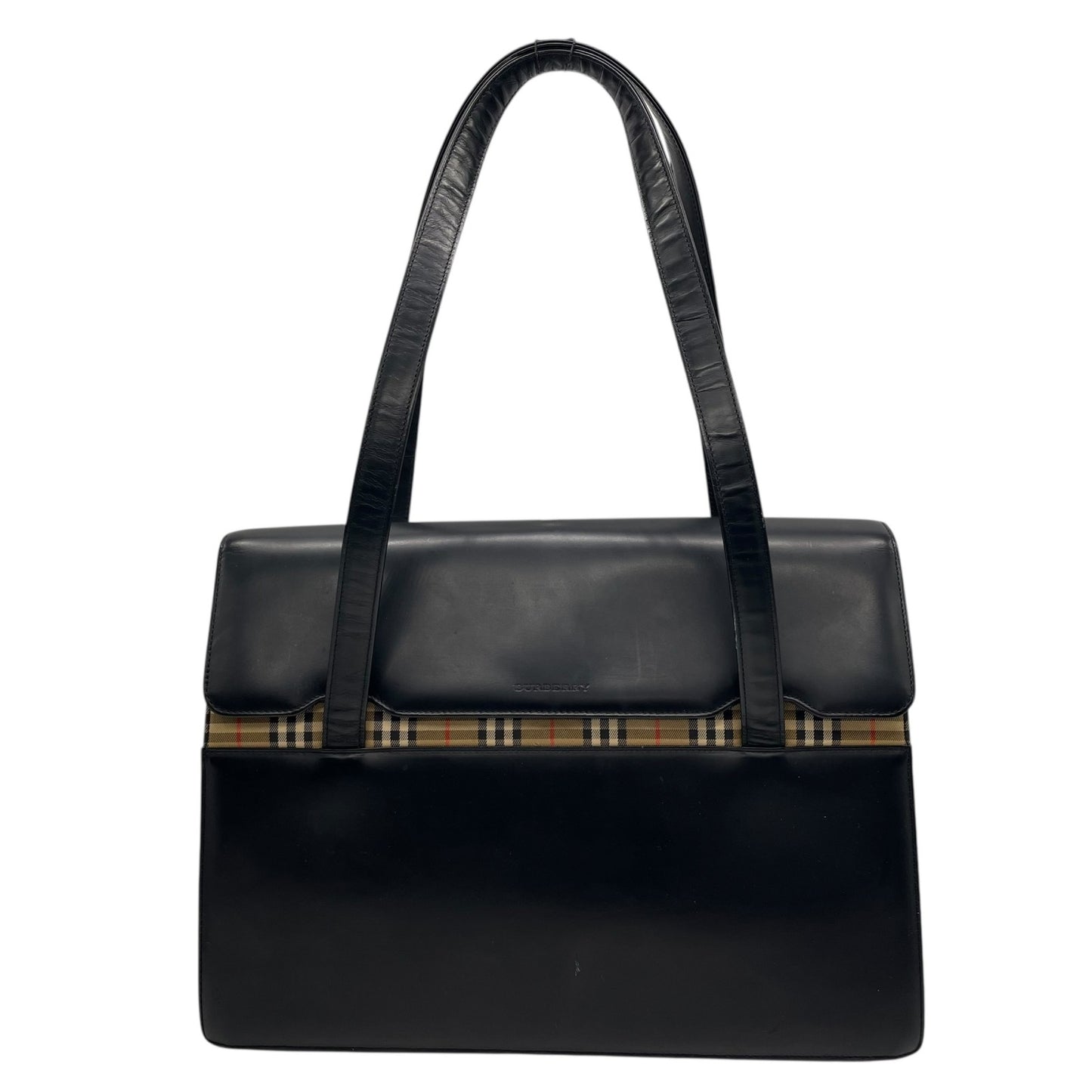 Authentic BURBERRY Black Nova Check Shadow Horse Leather Handbag Shoulder Bag Silver Hardware Women's Flap Closure