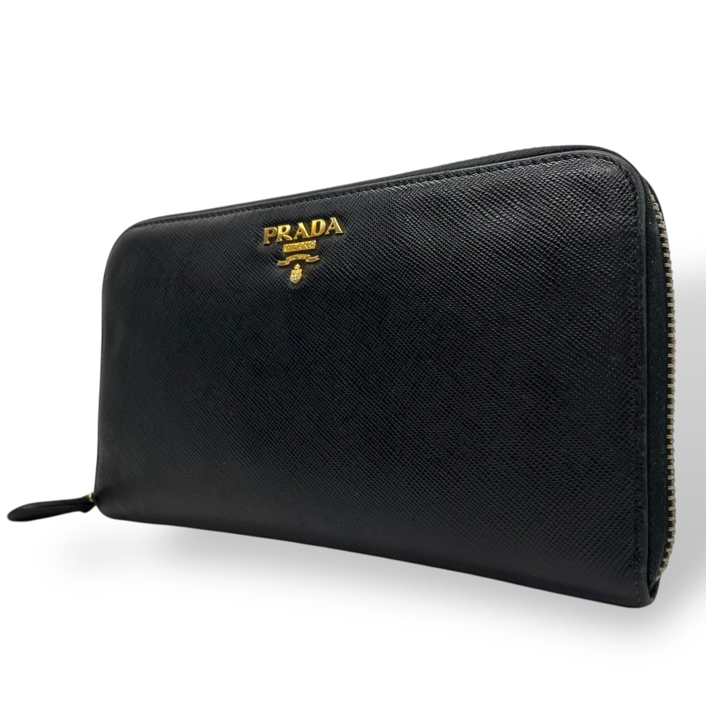 Authentic PRADA Saffiano Leather Long Wallet Black Round Zipper Logo Gold Hardware Women's