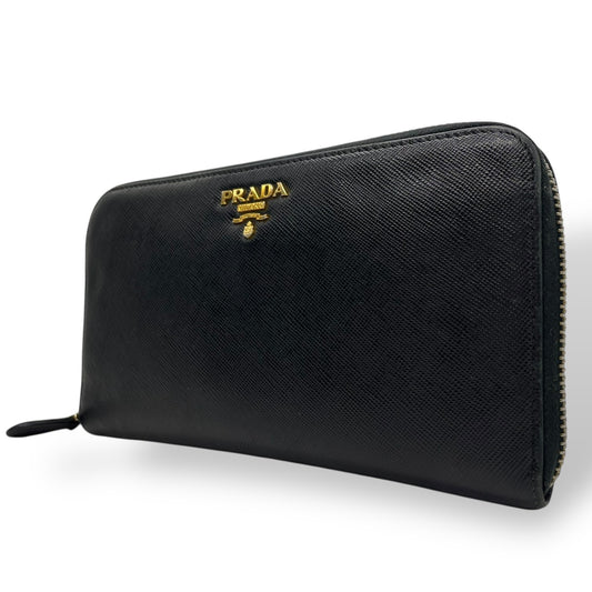 Authentic PRADA Saffiano Leather Long Wallet Black Round Zipper Logo Gold Hardware Women's