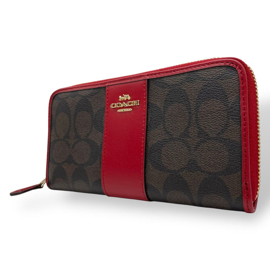 極美品 COACH コーチ シグネチャー 長財布 ラウンドファスナー 茶 ダークブラウン 赤 レッド 54630 IML72 ゴールド金具 PVC レザー ロゴ レディース W1