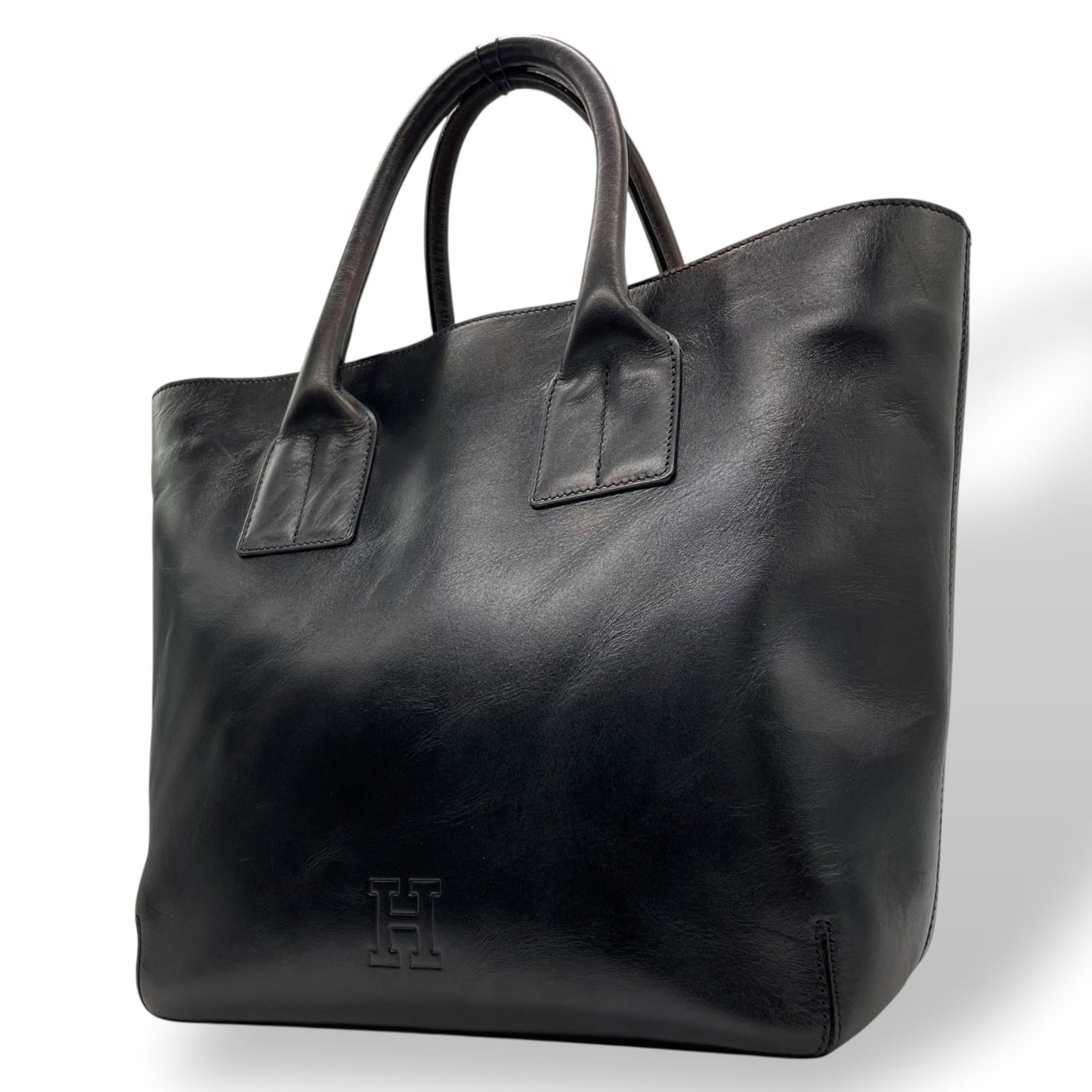 美品 HIROFU ヒロフ トートバッグ ハンドバッグ Hロゴ 黒 ブラック レザー シルバー金具 手提げ A4収納可 レディース H