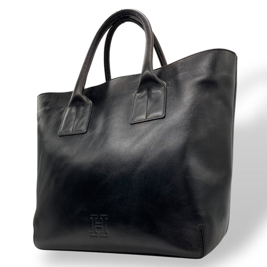 美品 HIROFU ヒロフ トートバッグ ハンドバッグ Hロゴ 黒 ブラック レザー シルバー金具 手提げ A4収納可 レディース H