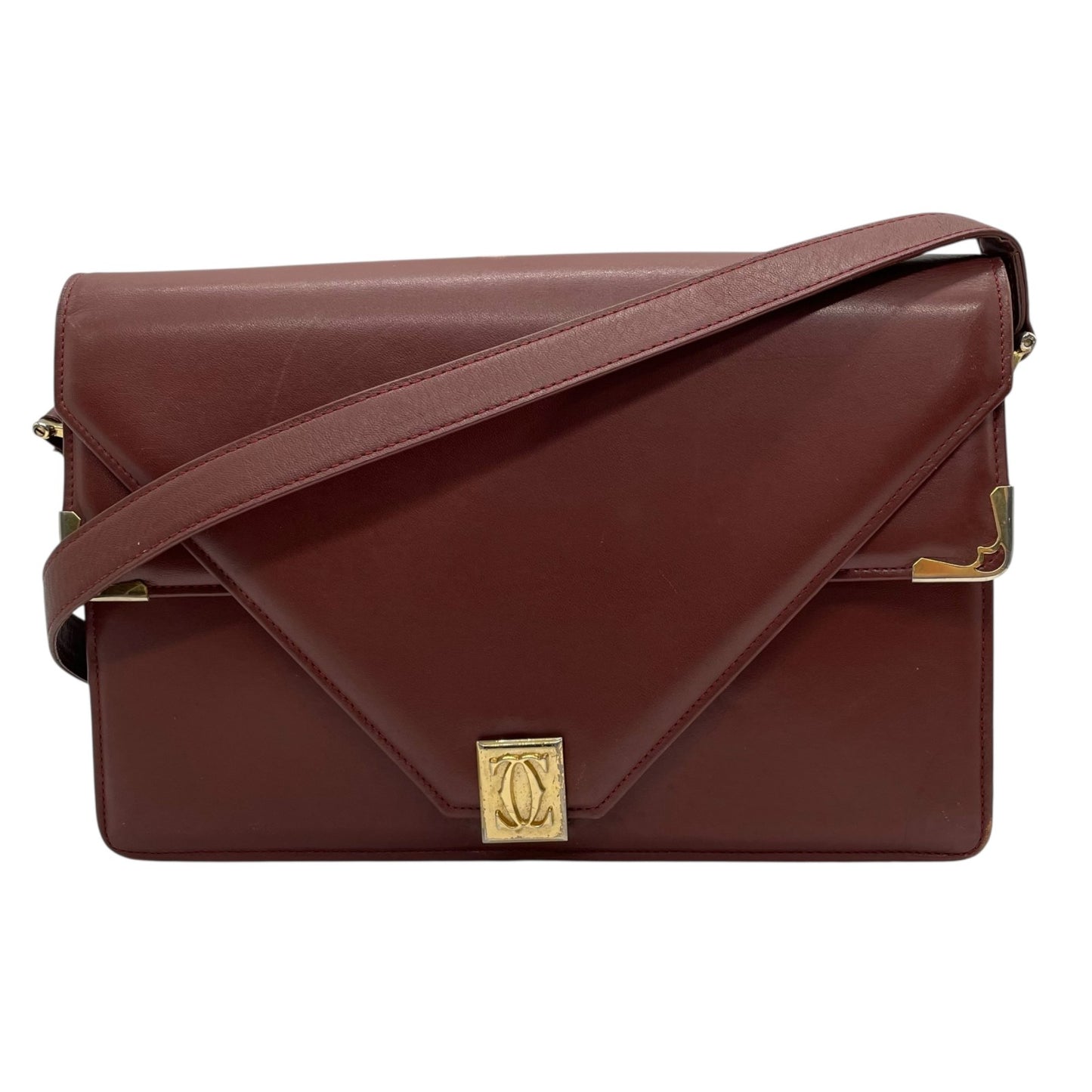 Cartier カルティエ マストライン ショルダーバッグ 赤 ボルドー ワインレッド レザー ゴールド金具 肩掛け可 斜め掛け可 2Cモチーフ マストドゥカルティエ ヴィンテージ レディース E2