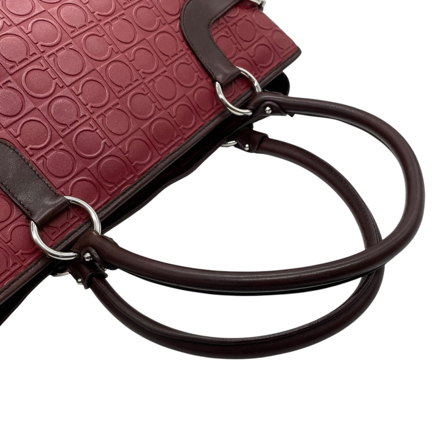 美品 フェラガモ Salvatore Ferragamo ガンチーニ ボルドー レザー ハンドバッグ トートバッグ 総柄 赤 レッド ブラウン シルバー金具 レディース D