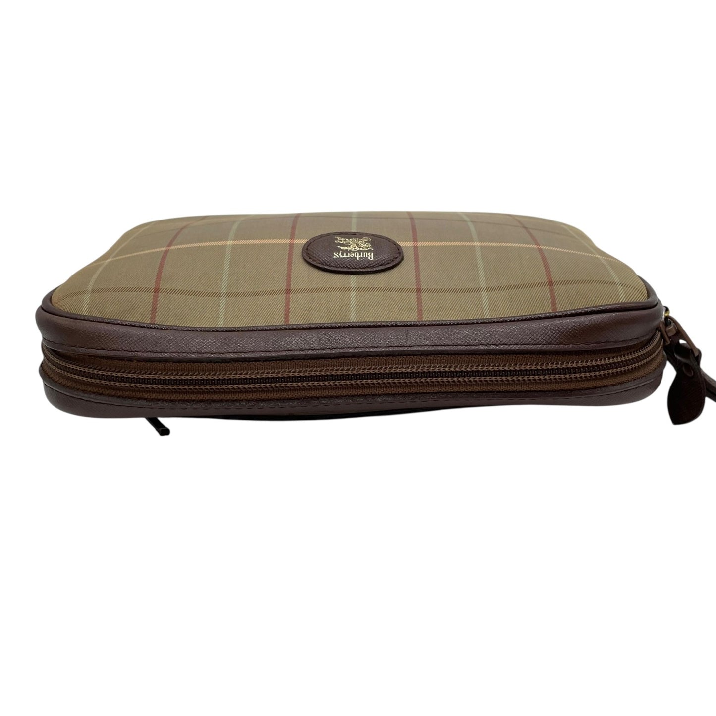 美品 Burberry バーバリー クラッチバッグ セカンドバッグ ポーチ カーキ ブラウン キャンバス レザー チェック ホースロゴ メンズ レディース ヴィンテージ S97