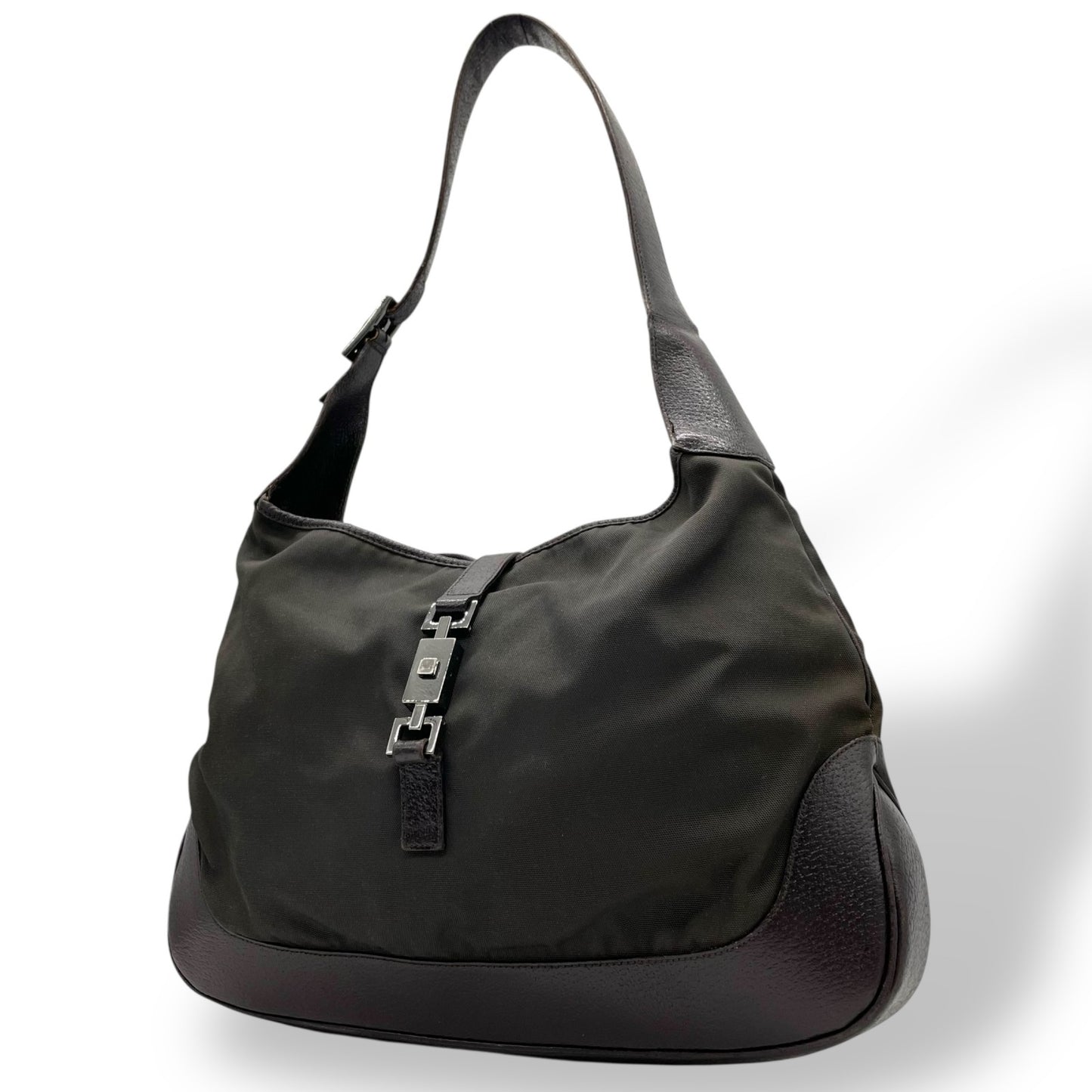 GUCCI グッチ ジャッキー ワンショルダーバッグ カーキ 茶 ブラウン キャンバス レザー シルバー金具 肩掛け可 ホーボー レディース ヴィンテージ B4