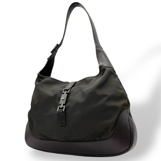 GUCCI グッチ ジャッキー ワンショルダーバッグ カーキ 茶 ブラウン キャンバス レザー シルバー金具 肩掛け可 ホーボー レディース ヴィンテージ B4