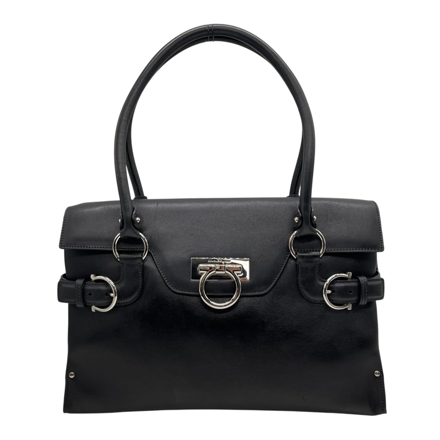 極美品 Salvatore Ferragamo フェラガモ ガンチーニ ハンドバッグ ワンショルダー 黒 ブラック レザー シルバー金具 DY-21 肩掛け可 メンズ レディース E