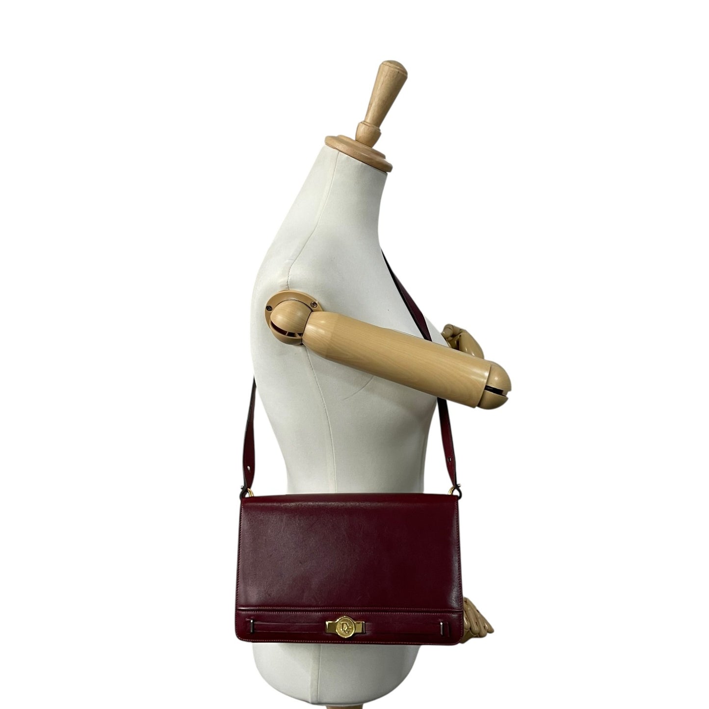 Authentic Christian Dior Shoulder Bag Red Bordeaux Leather Gold Hardware Logo Vintage