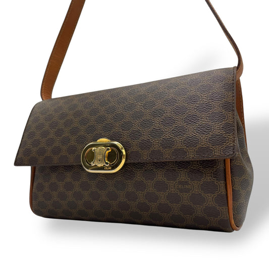 Authentic Old CELINE Macadam Shoulder Bag Brown PVC Leather Logo Vintage Crossbody