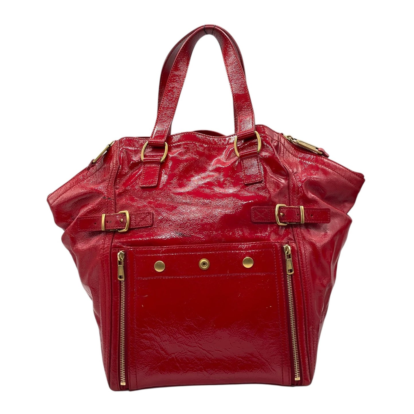 Authentic YVES SAINT LAURENT Downtown Patent Leather Red Enamel Vintage Tote Bag Large Capacity Women