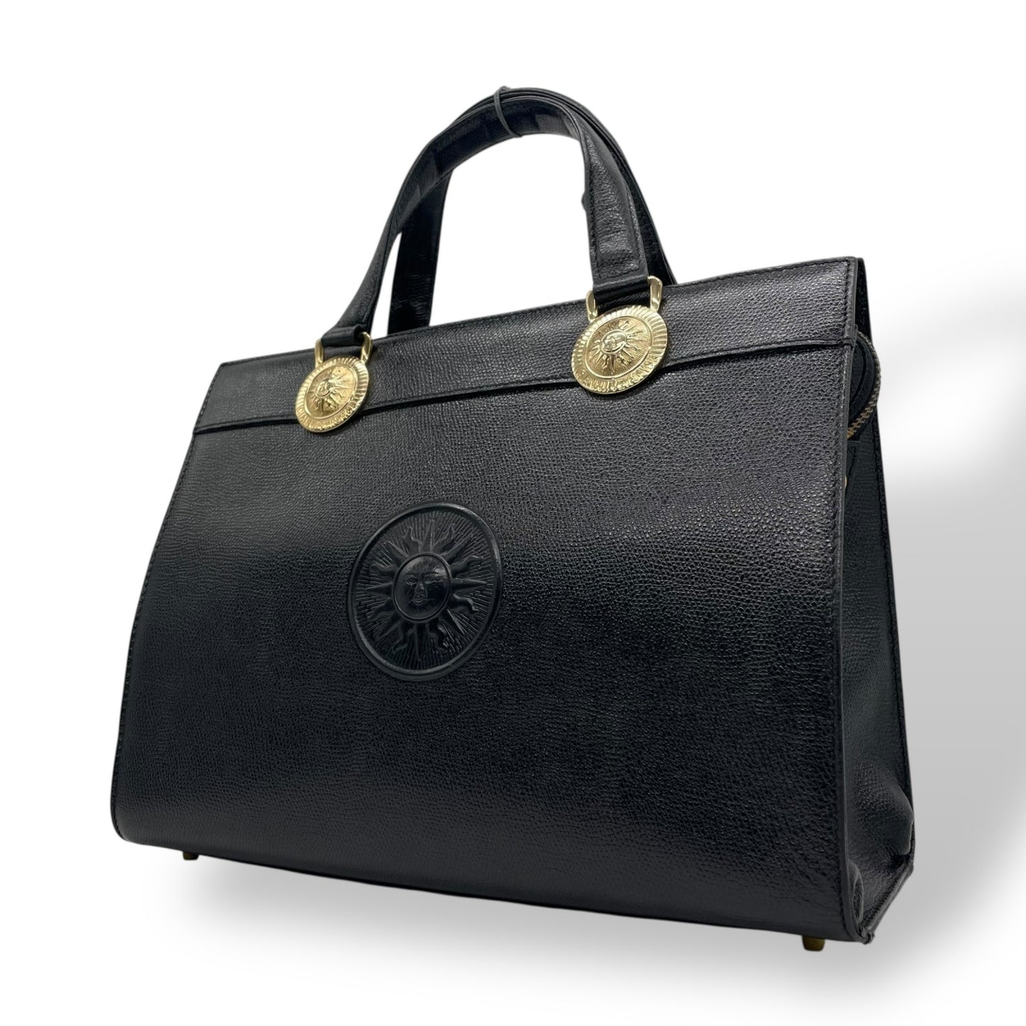 Authentic GIANNI VERSACE Black Sunburst Embossed Leather Handbag Gold Hardware Vintage Archive Women