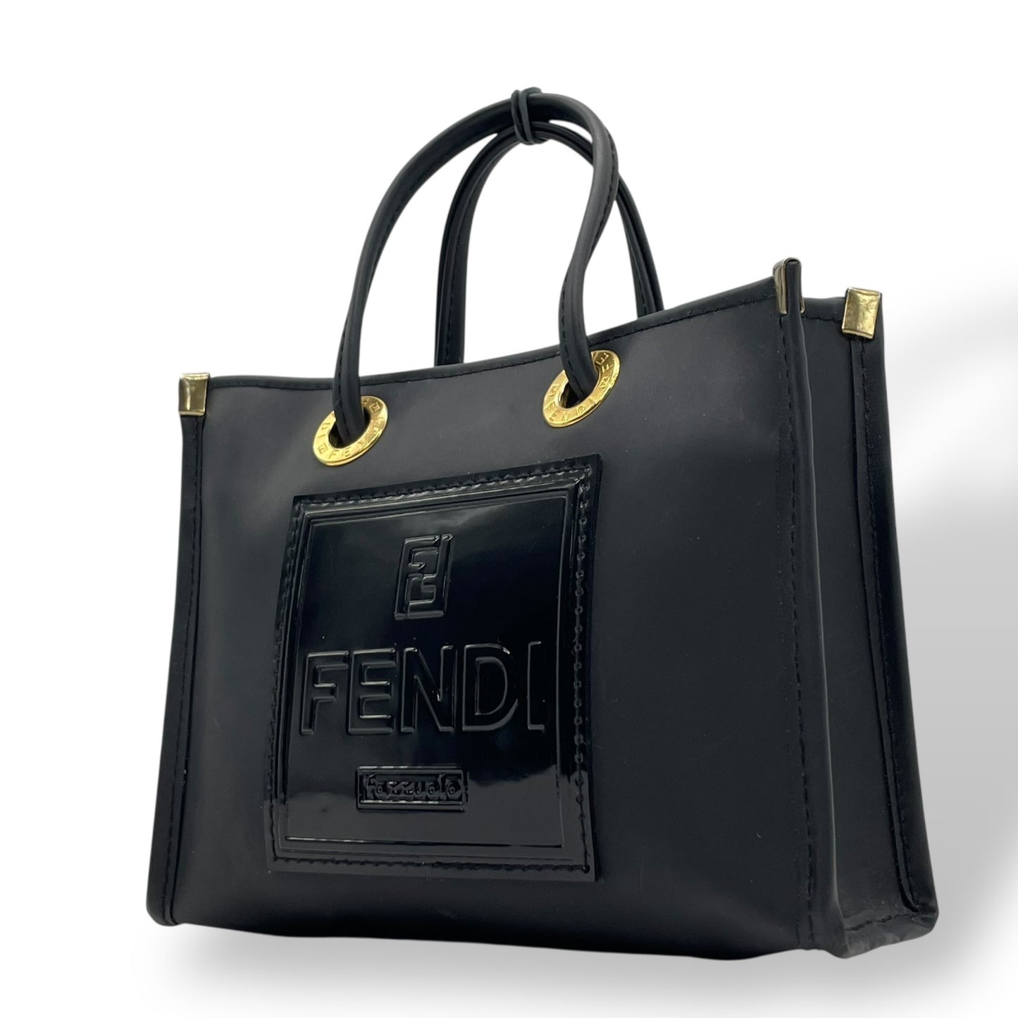 フェンディ FENDI ミニハンドバッグ ポーチ 黒 ブラック PVC ロゴ ゴールド金具 レディース K10