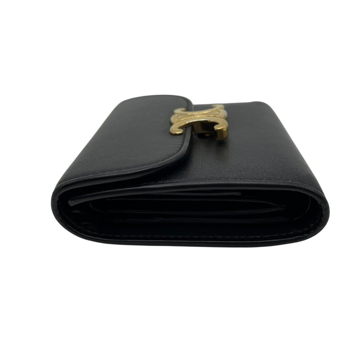 Authentic CELINE Triomphe Compact Wallet Black Leather Gold Hardware with Box