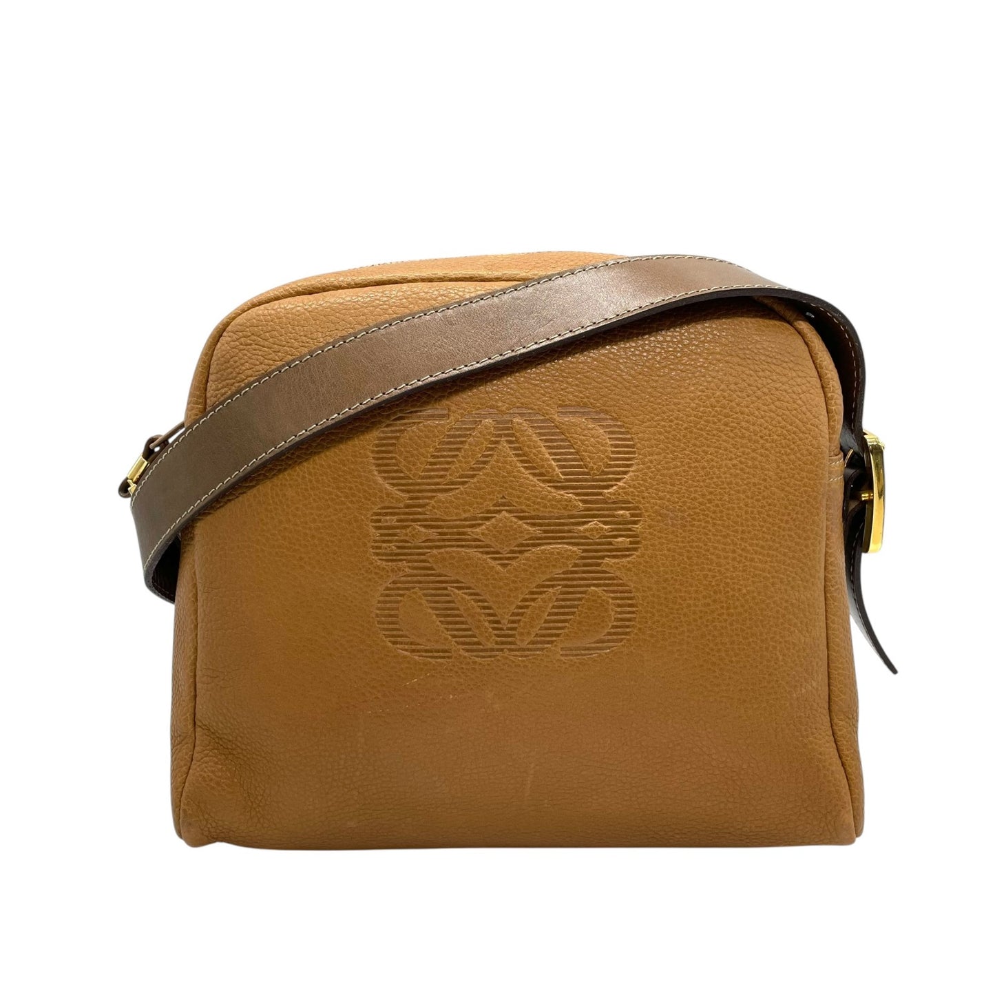 Authentic LOEWE Anagram Embossed Leather Shoulder Bag Camel Gold