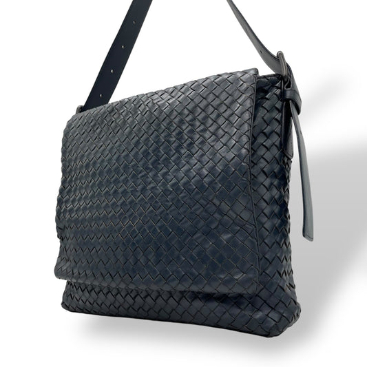 Authentic BOTTEGA VENETA Intrecciato Leather Shoulder Messenger Bag Navy Unisex