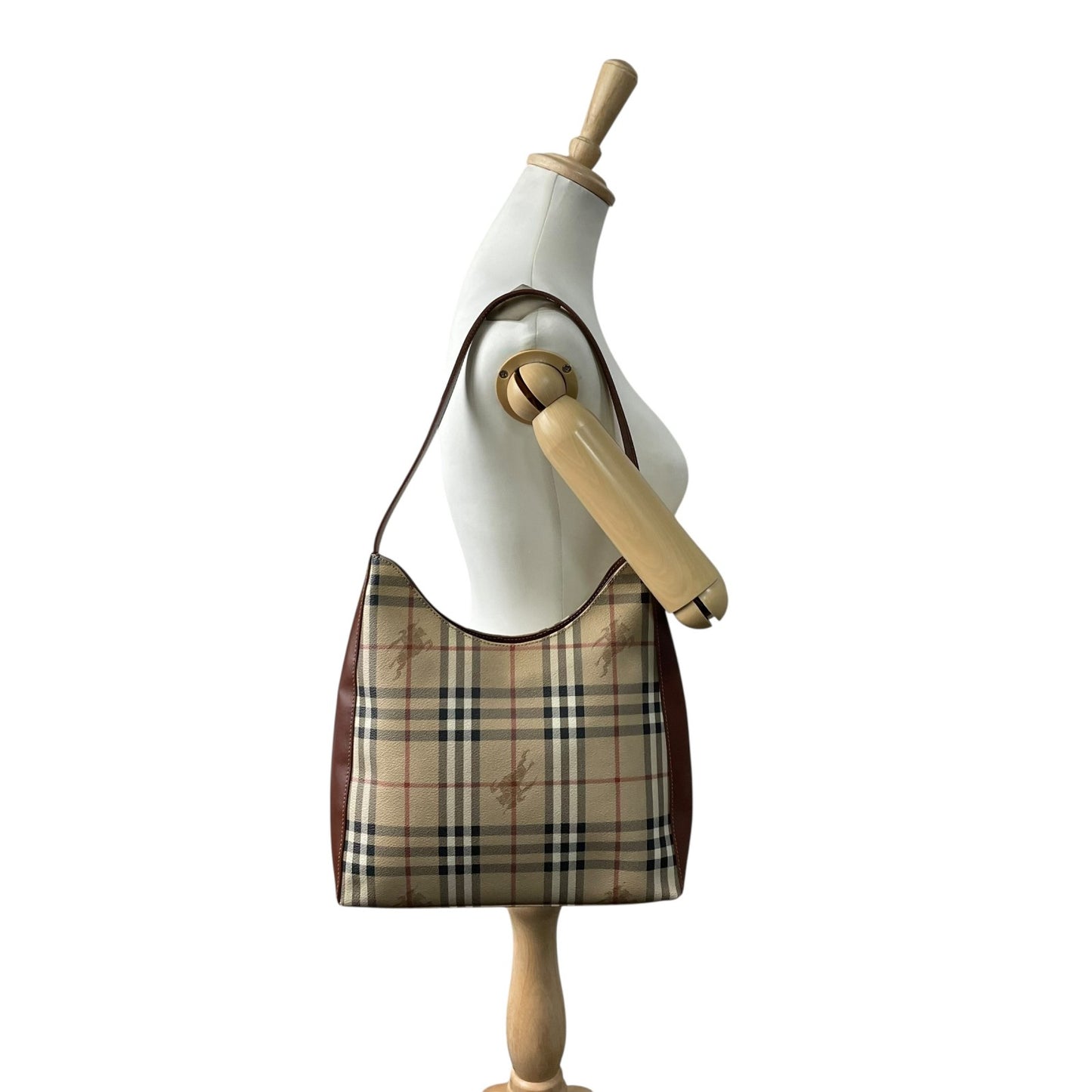 美品 BURBERRY バーバリー ノバチェック シャドーホース ワンショルダーバッグ ショルダーバッグ PVC×レザー ブラウン ヴィンテージ ゴールド金具 肩掛け C7