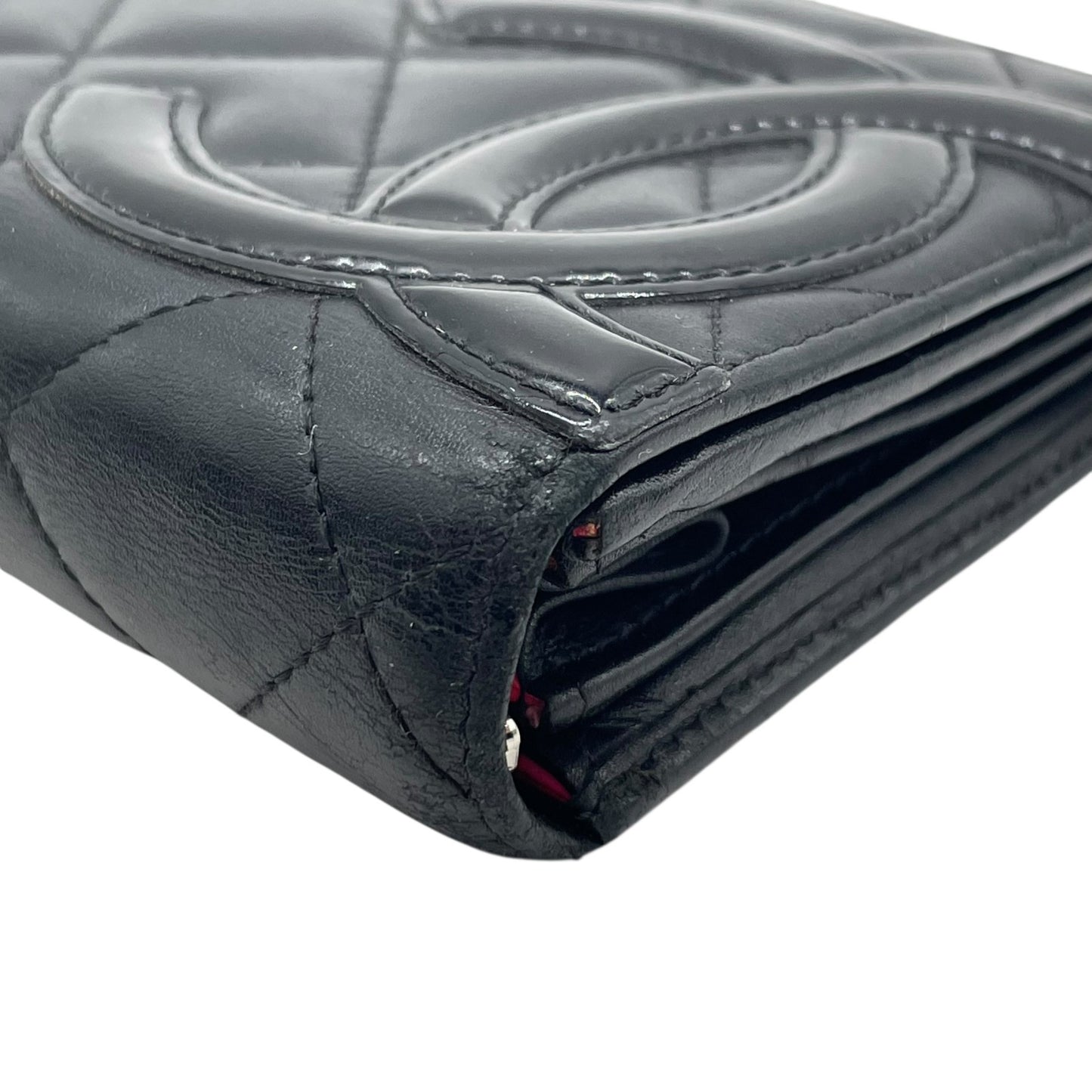 CHANEL シャネル 二つ折り 長財布 カンボンライン ココマーク キルティング 黒 ブラック ピンク レザー フラップ レディース M1