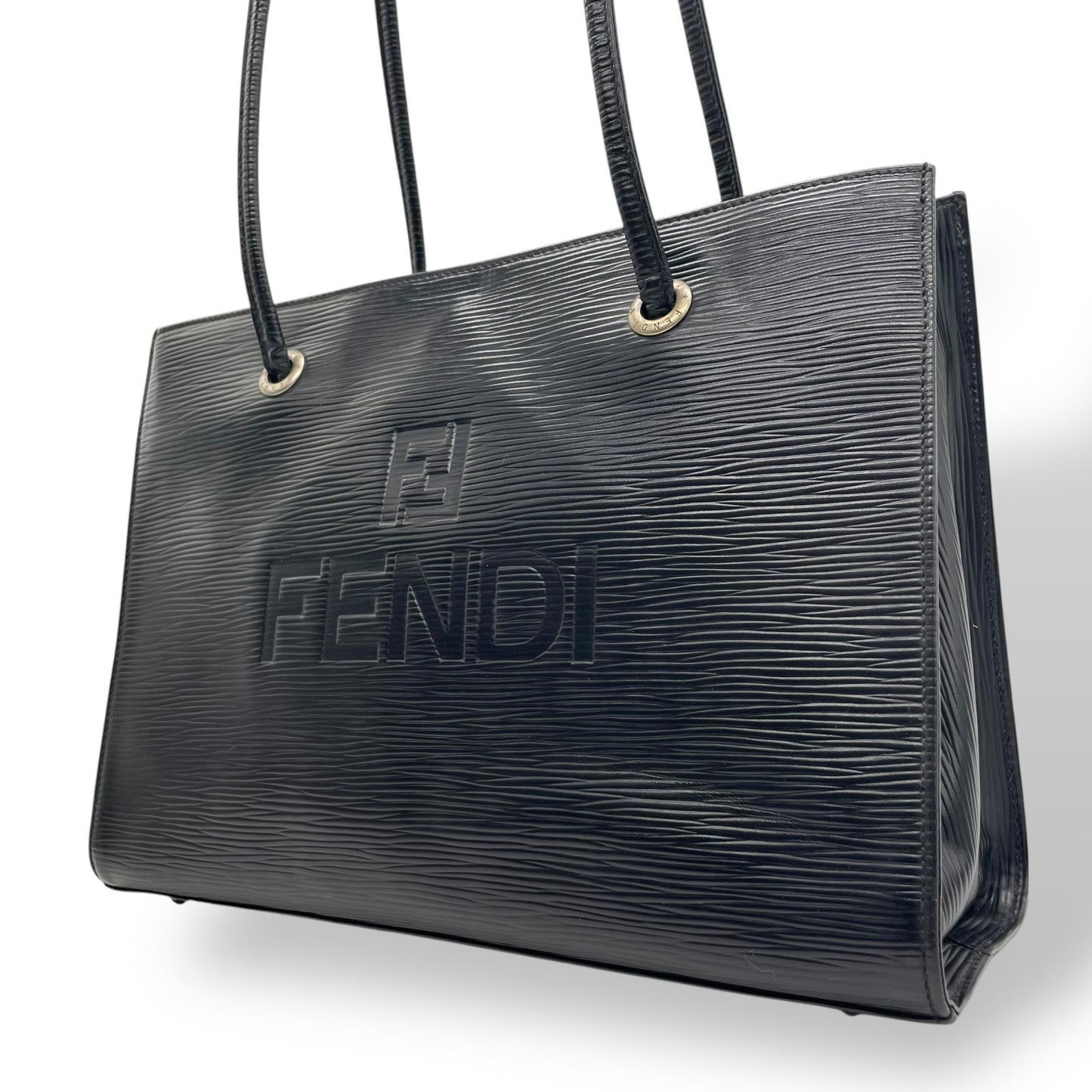 FENDI フェンディ トートバッグ ショルダーバッグ ワンショルダー 黒 ブラック エピレザー ロゴ型押し シルバー金具 FFロゴ 大容量 ヴィンテージ オールド C