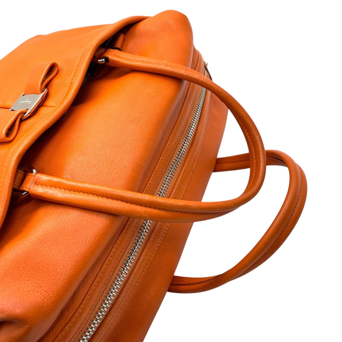 美品 Salvatore Ferragamo フェラガモ ヴァラリボン ハンドバッグ オレンジ レザー シルバー金具 レディース ヴィンテージ A