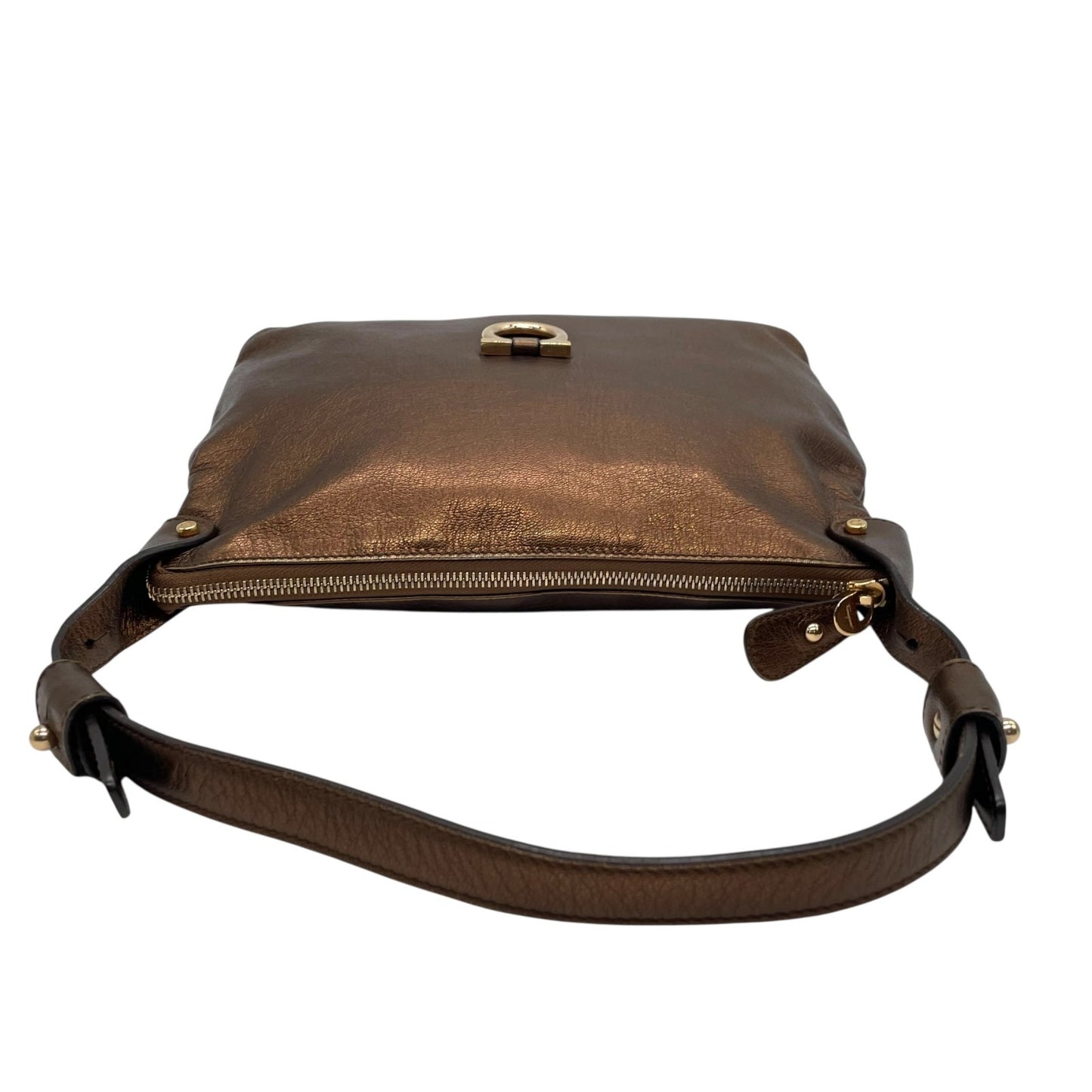 美品 Salvatore Ferragamo フェラガモ ガンチーニ ハンドバッグ ショルダーバッグ ワンショルダー 茶 ブラウン ブロンズ メタリック レザー ゴールド金具 肩掛け レディース K6
