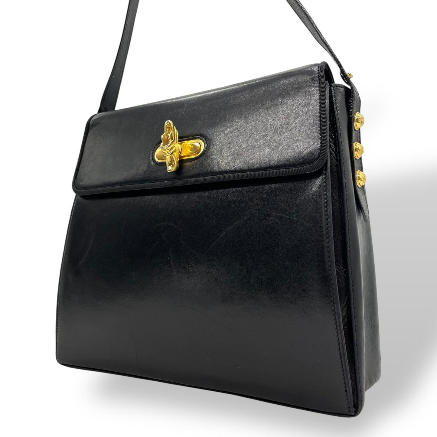 Salvatore Ferragamo フェラガモ ショルダーバッグ ブラック レザー ゴールド金具 斜め掛け可 ヴィンテージ レディース B