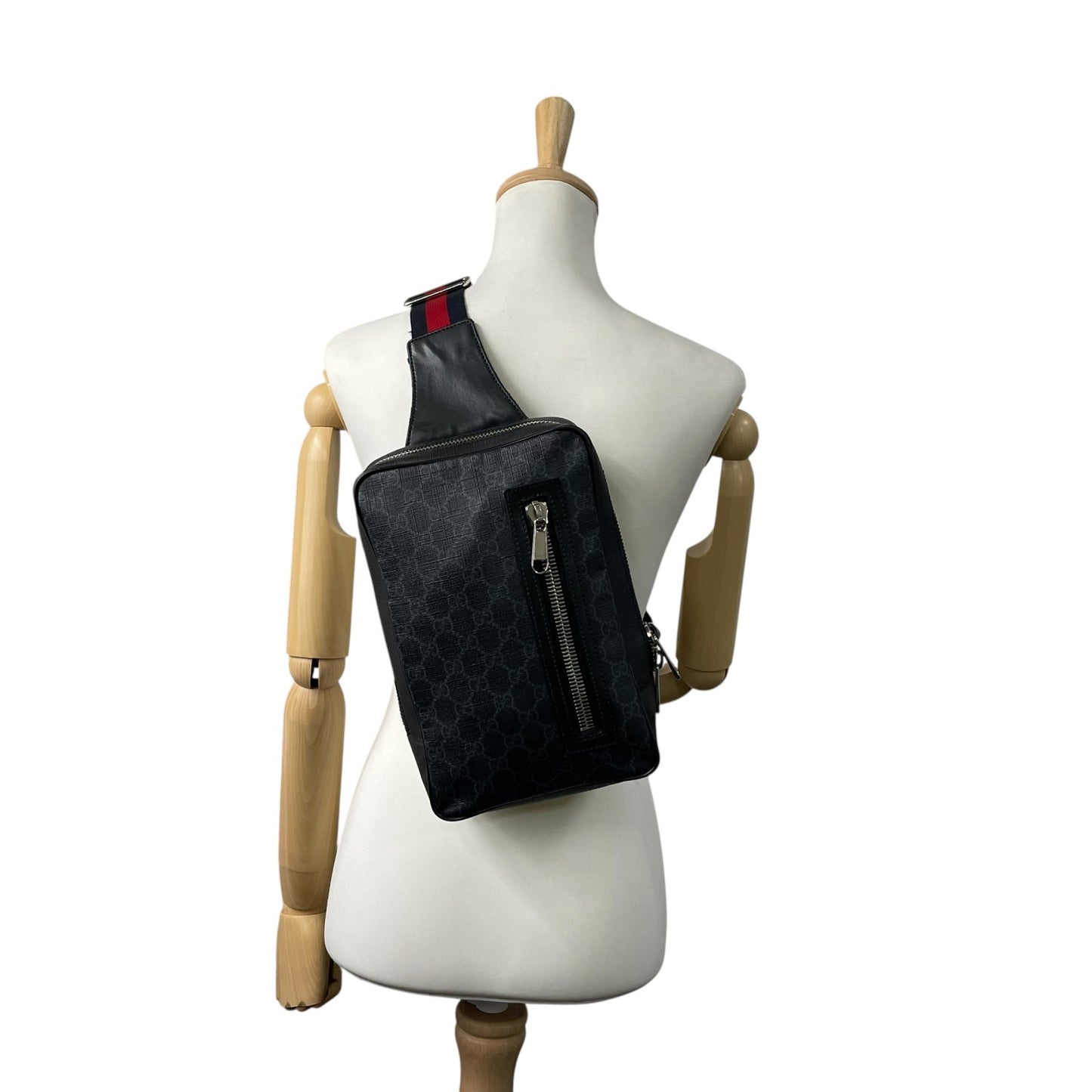 GUCCI グッチ GGスプリーム ボディバッグ ショルダーバッグ ウエストバッグ 黒 ブラック ネイビー PVC レザー GG柄 シルバー金具 478325 メンズ Z1