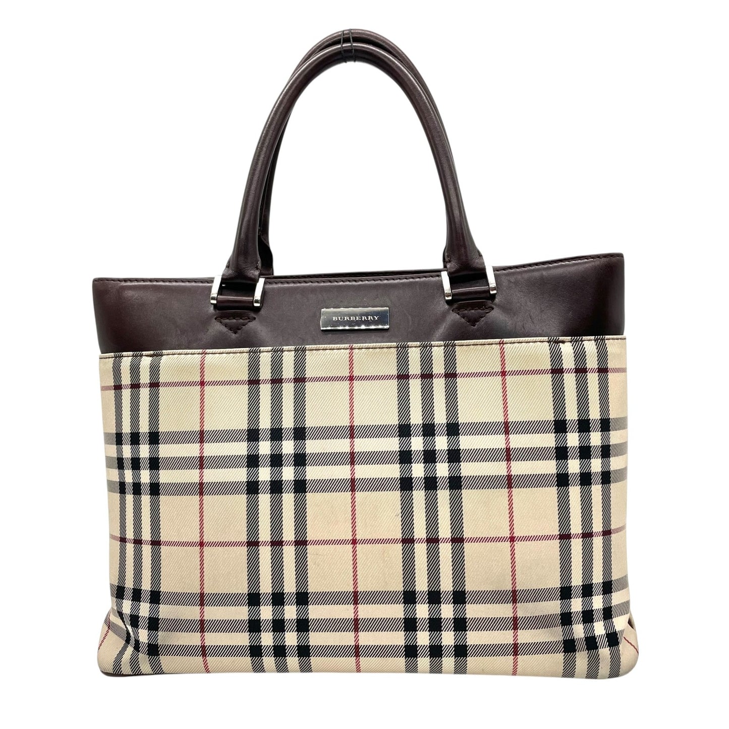 Burberry バーバリー トートバッグ ハンドバッグ ノバチェック キャンバス×レザー メタルロゴプレート ベージュ×ブラウン ユニセックス K8