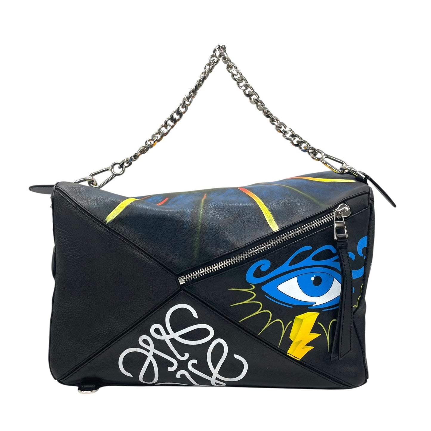 限定品 希少 極美品 LOEWE ロエベ パズルバッグ ラージ ミニボストン スタッズ アナグラム ロゴ チェーン ブラック 黒 マルチカラー メンズ レディース D