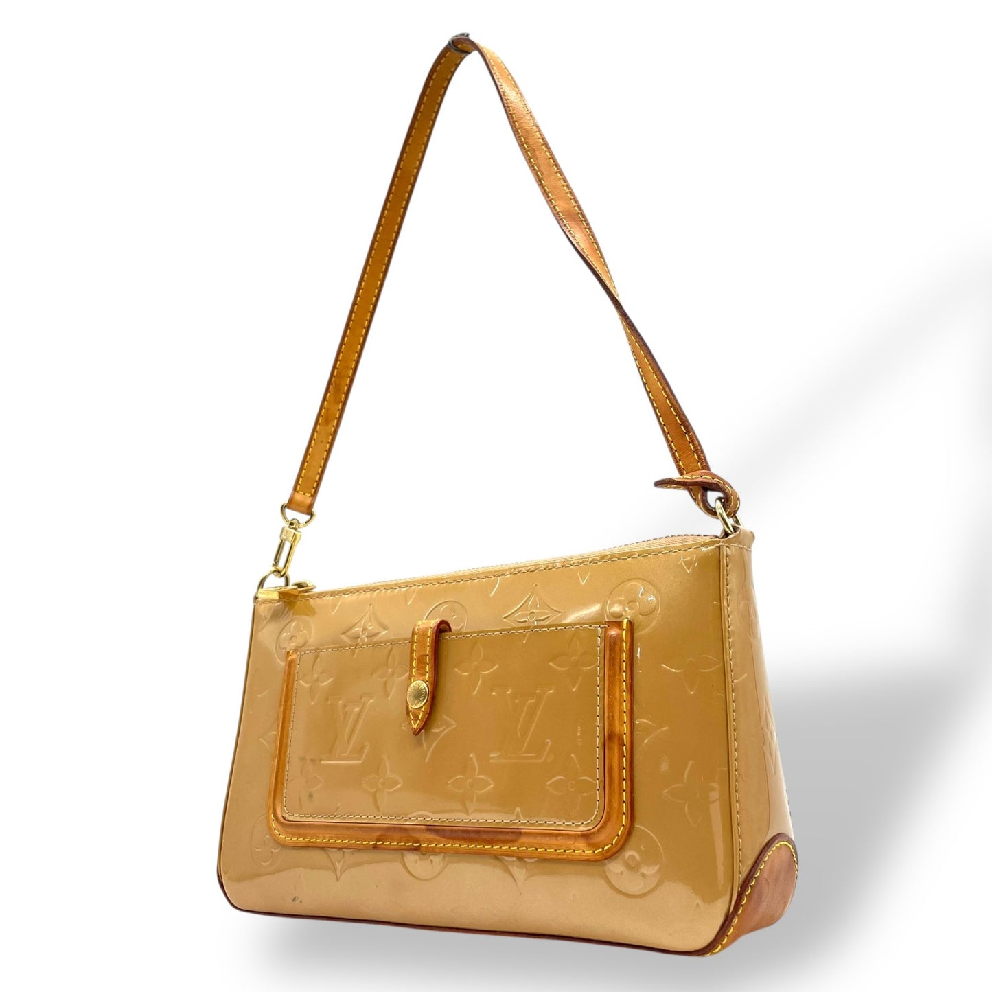 LOUIS VUITTON ルイヴィトン モノグラム ヴェルニ ハンドバッグ マロリー・スクエア M91197 アクセサリーポーチ ミニバッグ ハンドバッグ ワンショルダー 肩掛け可 キャメル ブラウン パテントレザー ゴールド金具 レディース K4