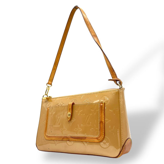 LOUIS VUITTON ルイヴィトン モノグラム ヴェルニ ハンドバッグ マロリー・スクエア M91197 アクセサリーポーチ ミニバッグ ハンドバッグ ワンショルダー 肩掛け可 キャメル ブラウン パテントレザー ゴールド金具 レディース K4