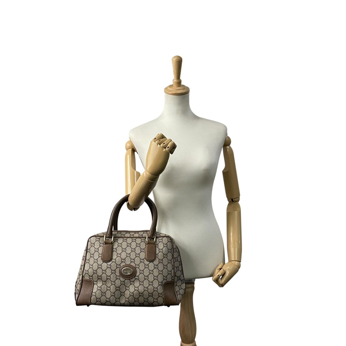 GUCCI グッチ GGプラス グッチプラス ハンドバッグ グレー ベージュ PVC レザー ゴールド金具 オールドグッチ ヴィンテージ レディース A