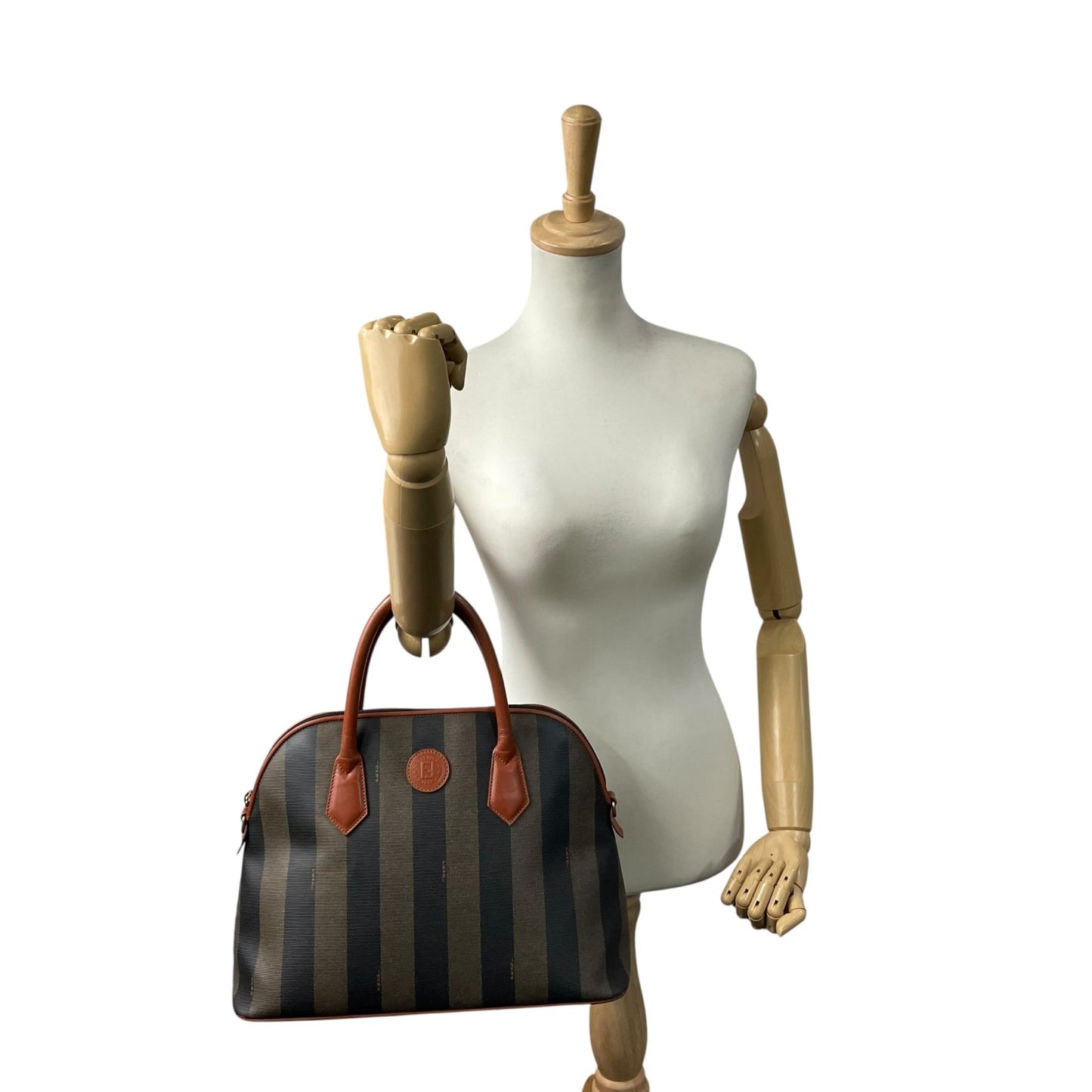 フェンディ FENDI ペカン柄 ボストンバッグ PVC レザー 茶色 カーキ ブラウン ストライプ ハンドバッグ ヴィンテージ B