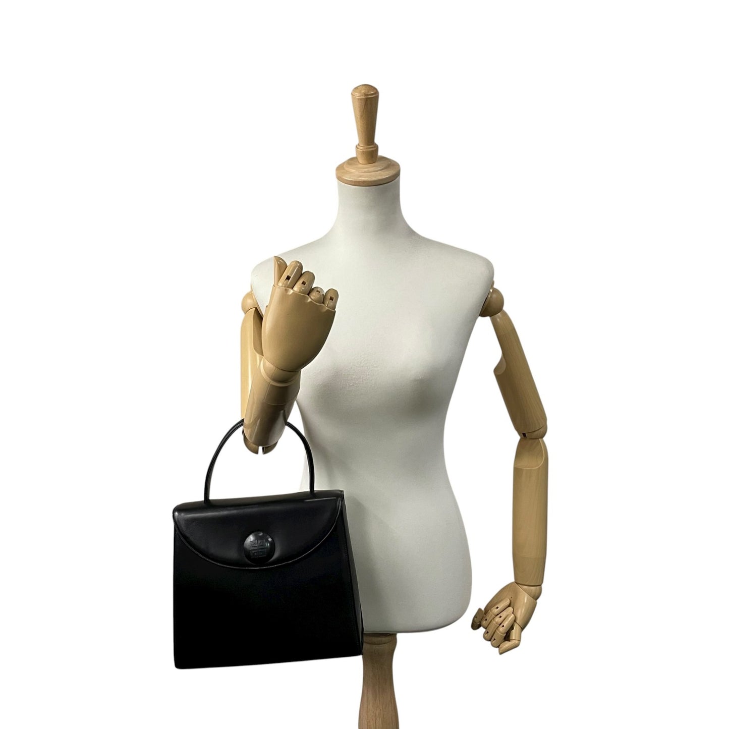 美品 ジバンシィ GIVENCHY ハンドバッグ レザー 黒 ブラック 金金具 ゴールド金具 フォーマル ヴィンテージ ロゴボタン フォーマル A8