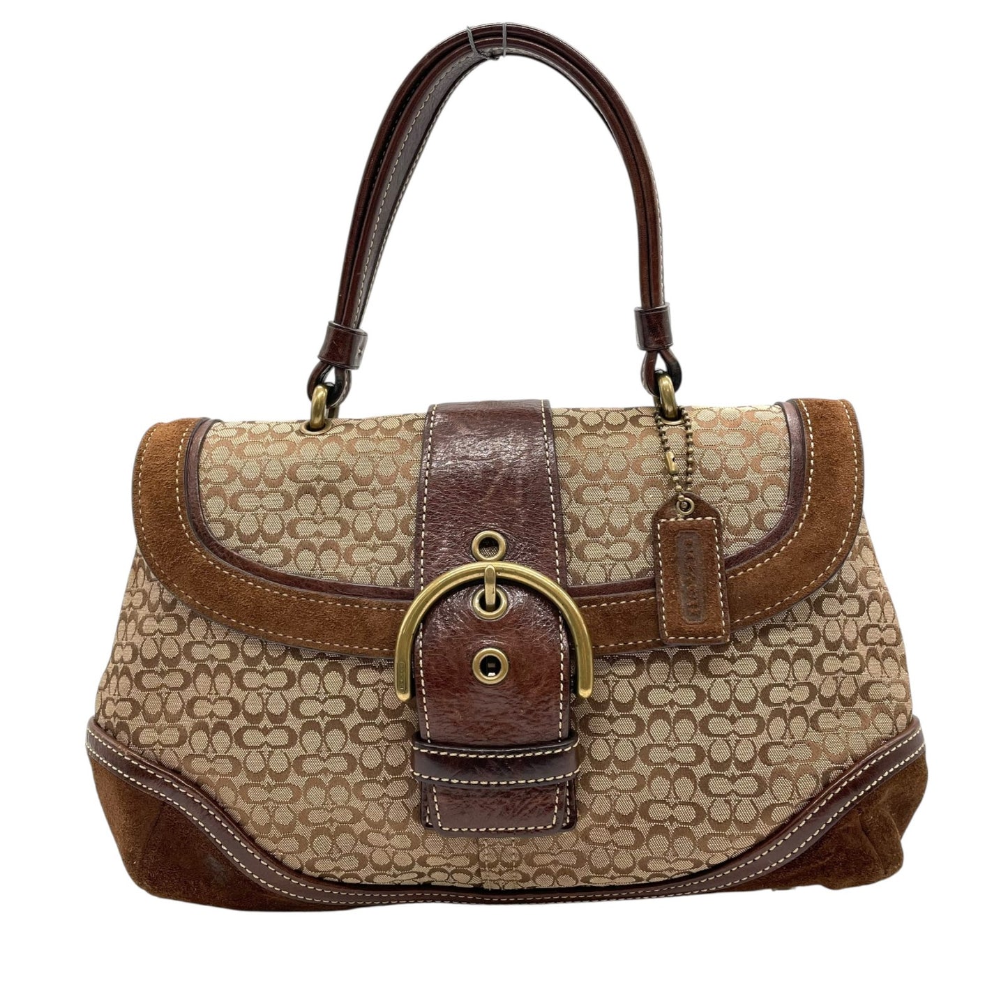 コーチ COACH シグネチャー スエード レザー ハンドバッグ 7078 茶色 ブラウン ゴールド金具 金金具 チャーム付き E10