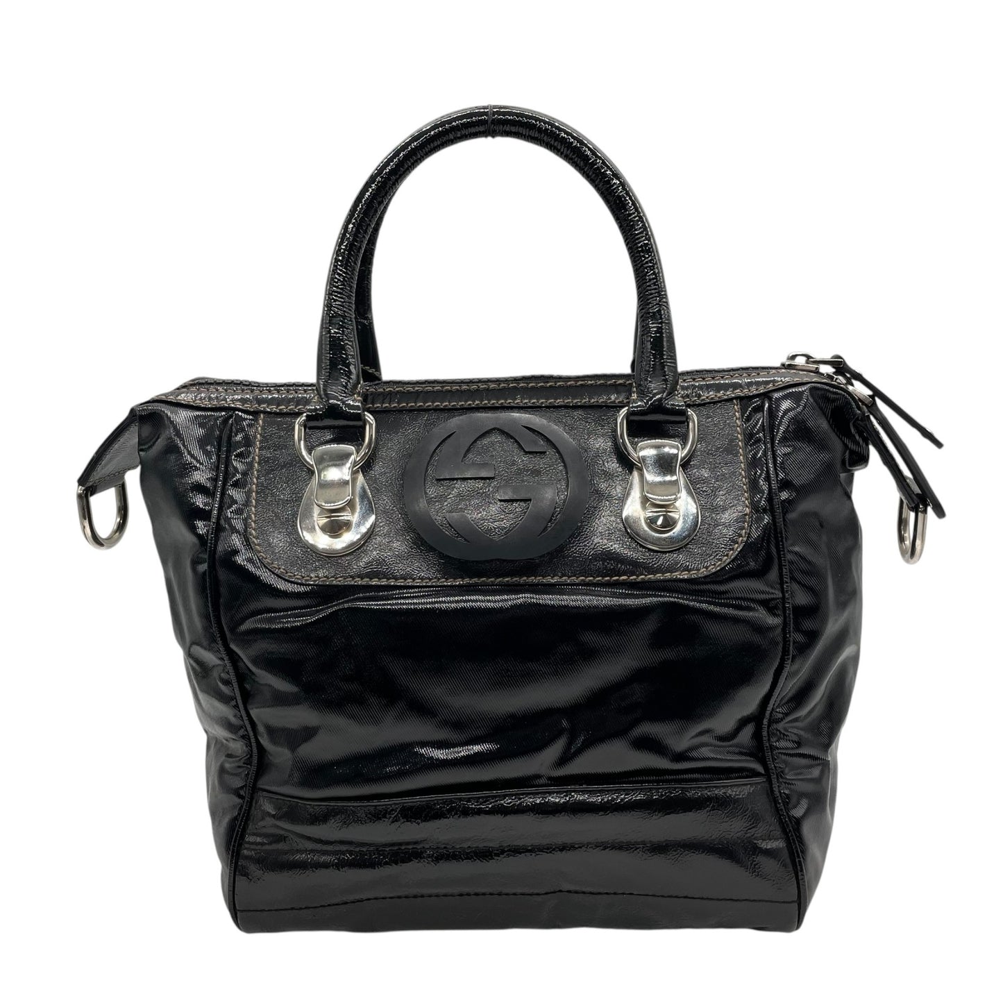 美品 グッチ GUCCI ハンドバッグ ショルダーバッグ ブラック 黒 2way パテントレザー インターロッキングG GGロゴ 手提げ 斜め掛け可 シルバー金具 レディース B2